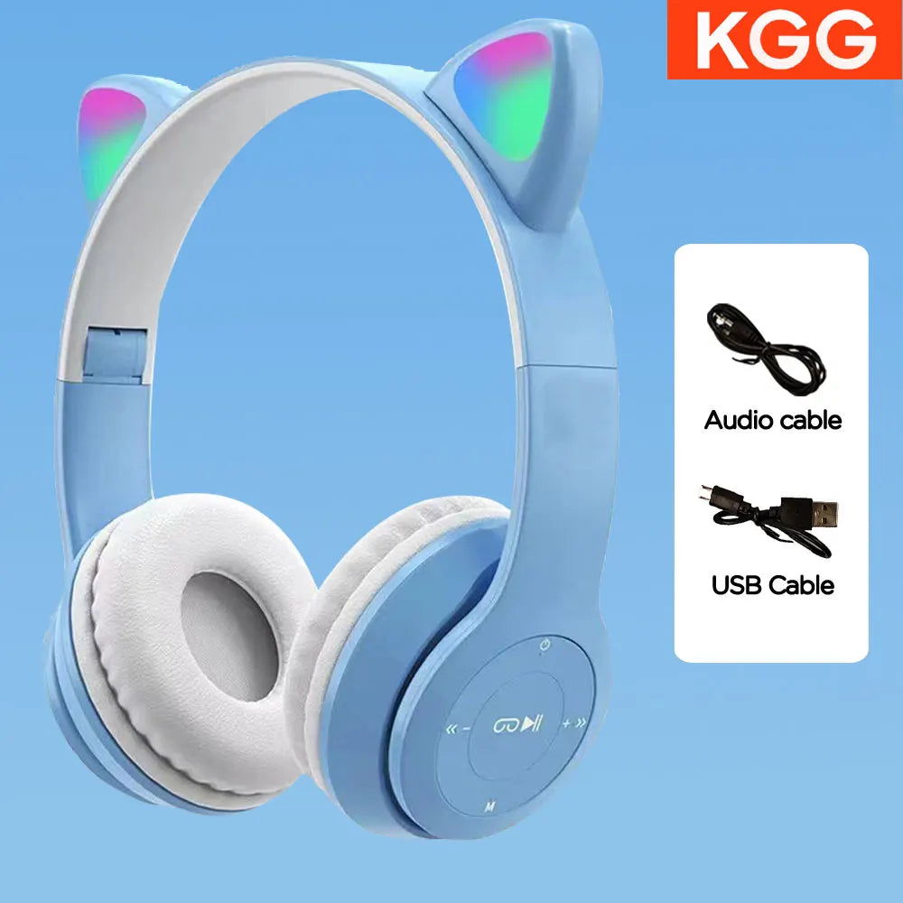 Cute Cat Ear Headphone Flash Light with Mic Control LED Stereo Music Helmet Phone Wireless Bluetooth Headset Holidays Gift