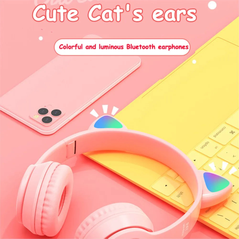 Cute Cat Ear Headphone Flash Light with Mic Control LED Stereo Music Helmet Phone Wireless Bluetooth Headset Holidays Gift