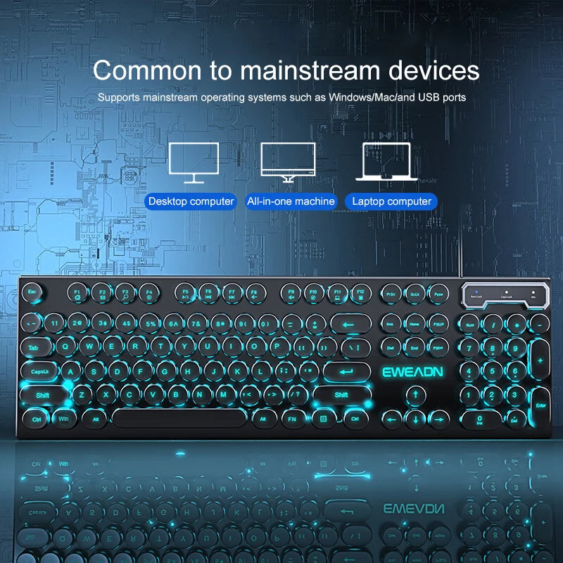 EWEADN GX330 Typewriter Gaming Keyboard, 104 Keys Wired Retro Punk Round Keycaps, with RGB Backlit, for Windows Laptop PC black, more lights for your pro setup !!