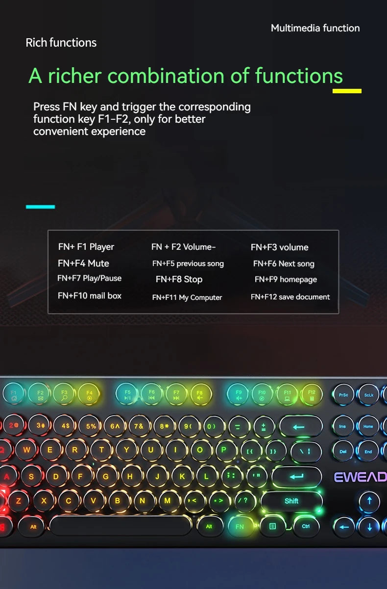 EWEADN GX330 Typewriter Gaming Keyboard, 104 Keys Wired Retro Punk Round Keycaps, with RGB Backlit, for Windows Laptop PC black, more lights for your pro setup !!
