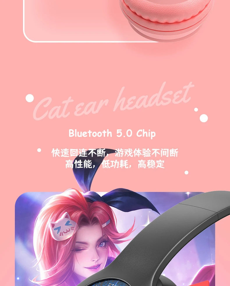 Cute Cat Ear Headphone Flash Light with Mic Control LED Stereo Music Helmet Phone Wireless Bluetooth Headset Holidays Gift
