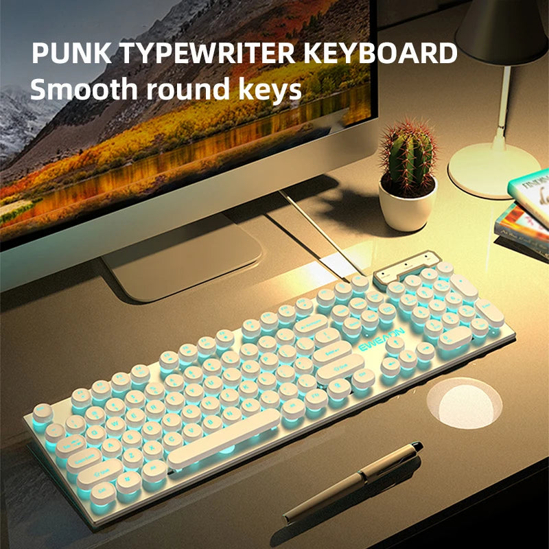 EWEADN GX330 Typewriter Gaming Keyboard, 104 Keys Wired Retro Punk Round Keycaps, with RGB Backlit, for Windows Laptop PC black, more lights for your pro setup !!