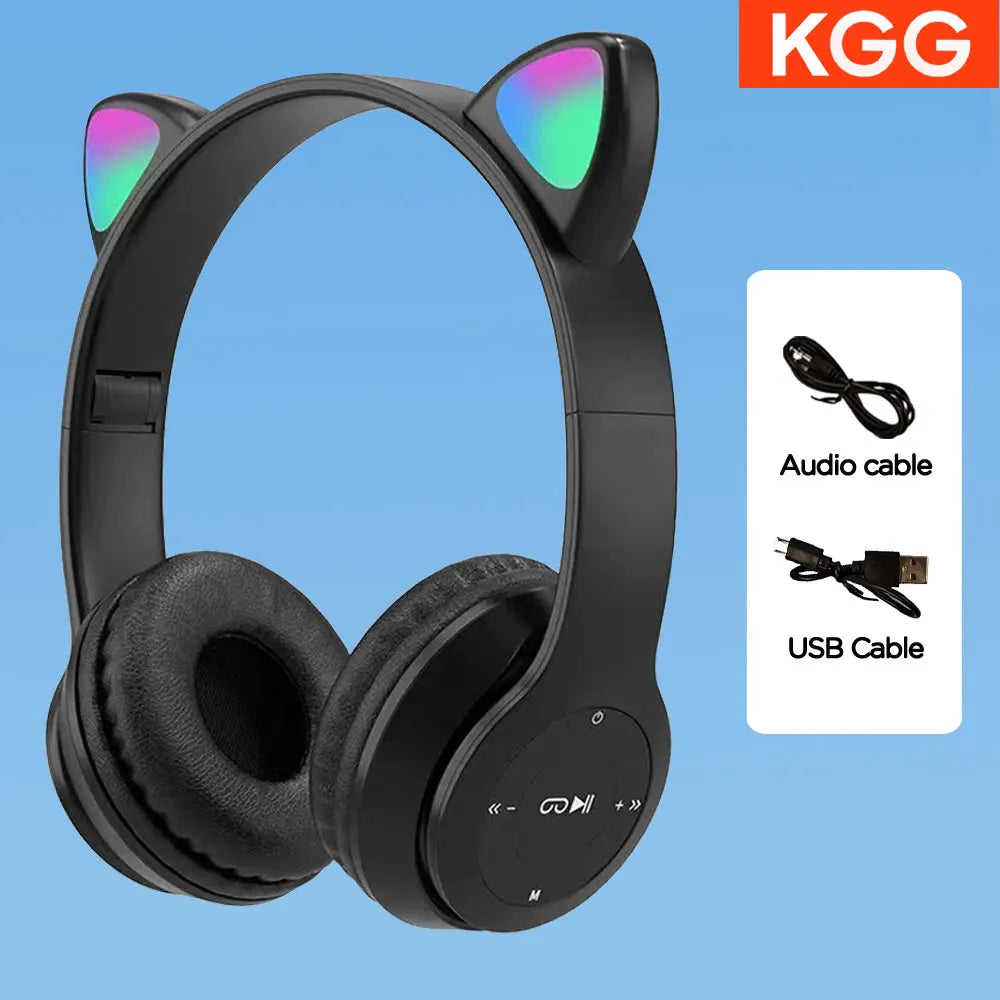 Cute Cat Ear Headphone Flash Light with Mic Control LED Stereo Music Helmet Phone Wireless Bluetooth Headset Holidays Gift