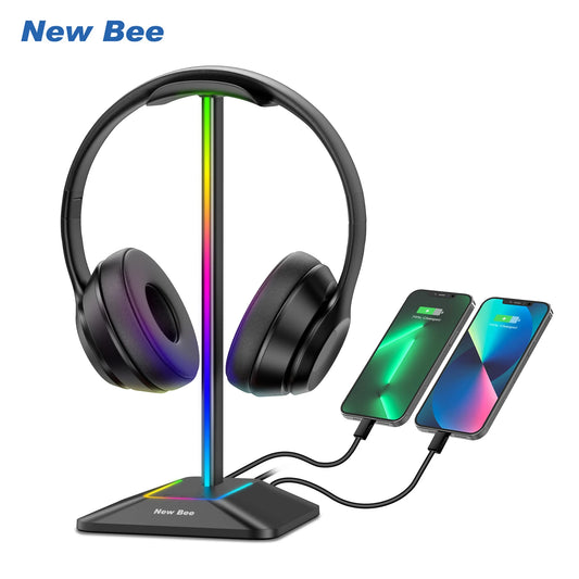 New Bee Z8 RGB Headphones Stand Holder with 2 USB Ports Desk Gaming Headset Cool Display Holder Non-Slip Rubber Base for Gamer