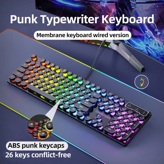 EWEADN GX330 Typewriter Gaming Keyboard, 104 Keys Wired Retro Punk Round Keycaps, with RGB Backlit, for Windows Laptop PC black, more lights for your pro setup !!
