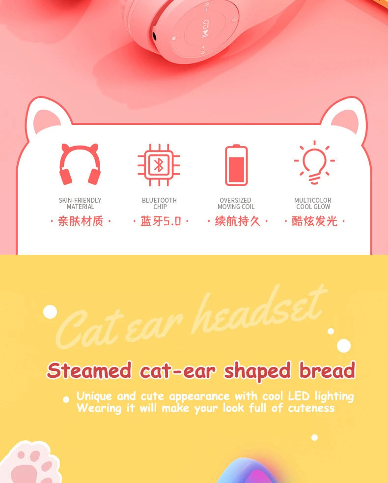 Cute Cat Ear Headphone Flash Light with Mic Control LED Stereo Music Helmet Phone Wireless Bluetooth Headset Holidays Gift