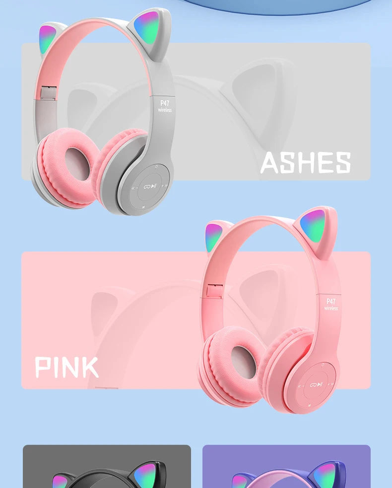 Cute Cat Ear Headphone Flash Light with Mic Control LED Stereo Music Helmet Phone Wireless Bluetooth Headset Holidays Gift