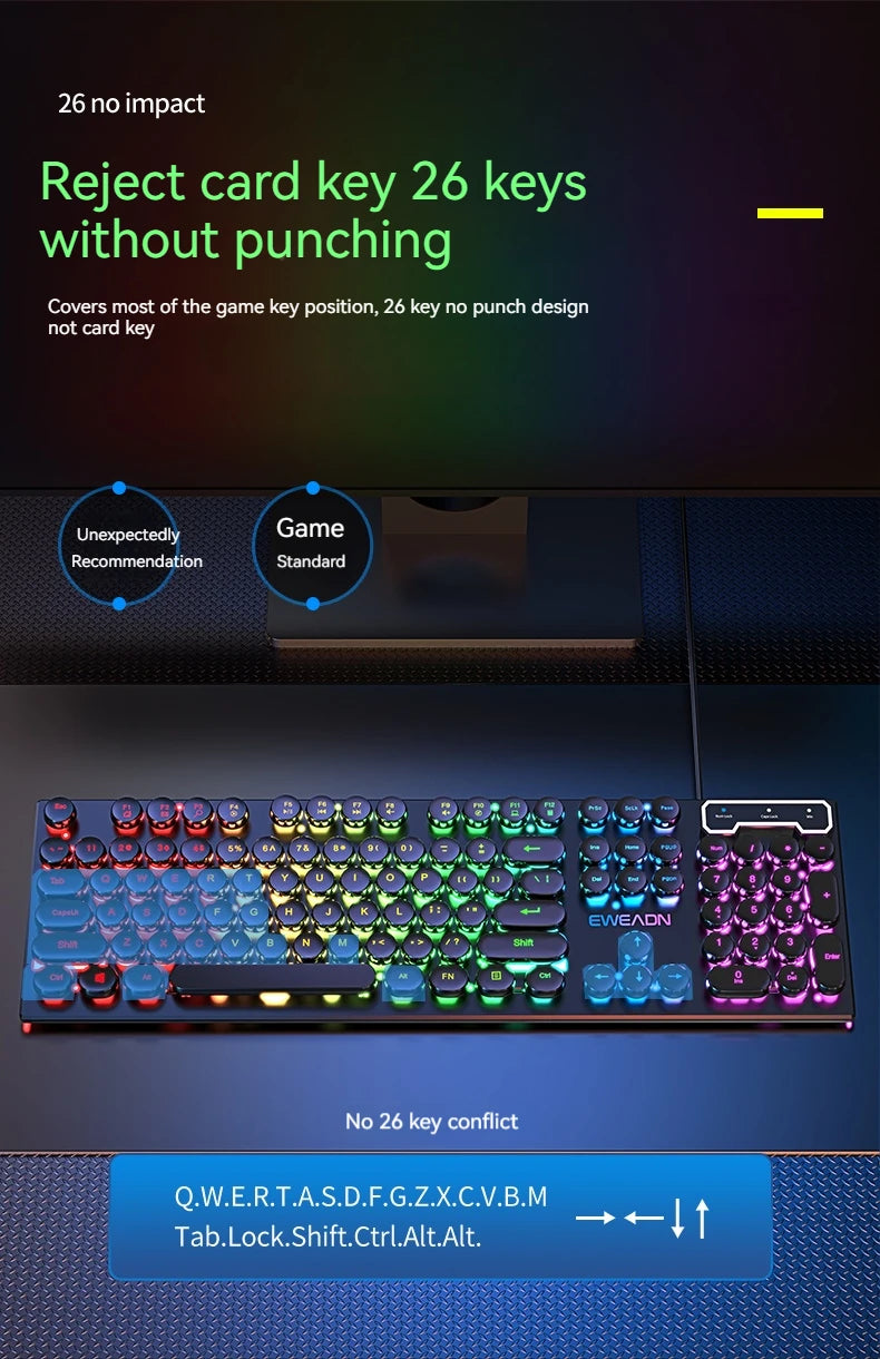 EWEADN GX330 Typewriter Gaming Keyboard, 104 Keys Wired Retro Punk Round Keycaps, with RGB Backlit, for Windows Laptop PC black, more lights for your pro setup !!