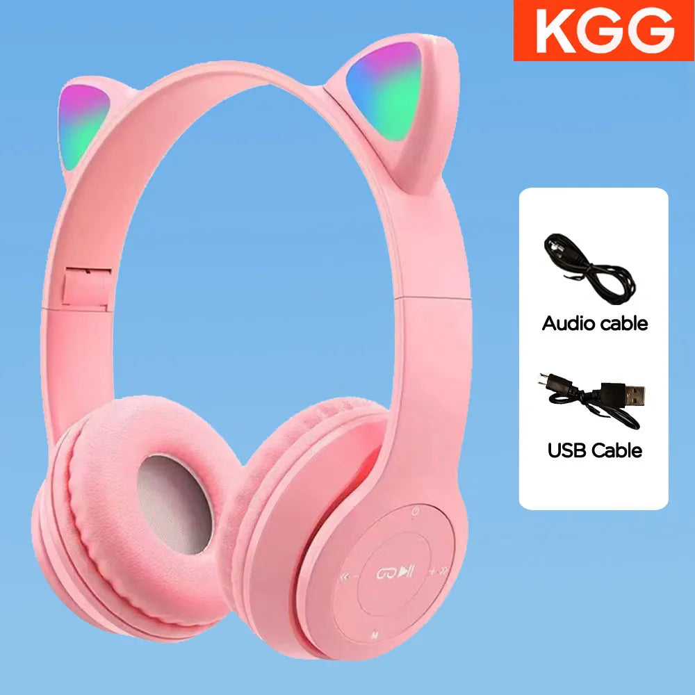 Cute Cat Ear Headphone Flash Light with Mic Control LED Stereo Music Helmet Phone Wireless Bluetooth Headset Holidays Gift