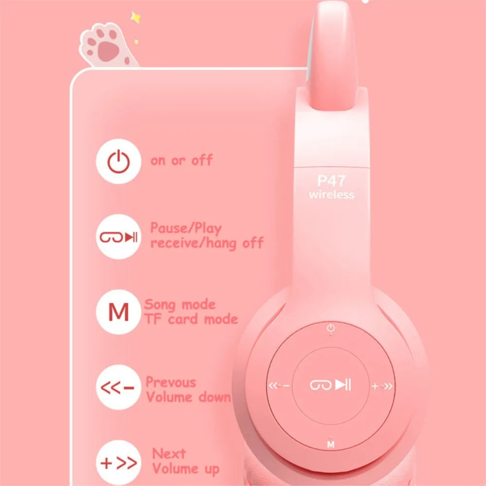 Cute Cat Ear Headphone Flash Light with Mic Control LED Stereo Music Helmet Phone Wireless Bluetooth Headset Holidays Gift
