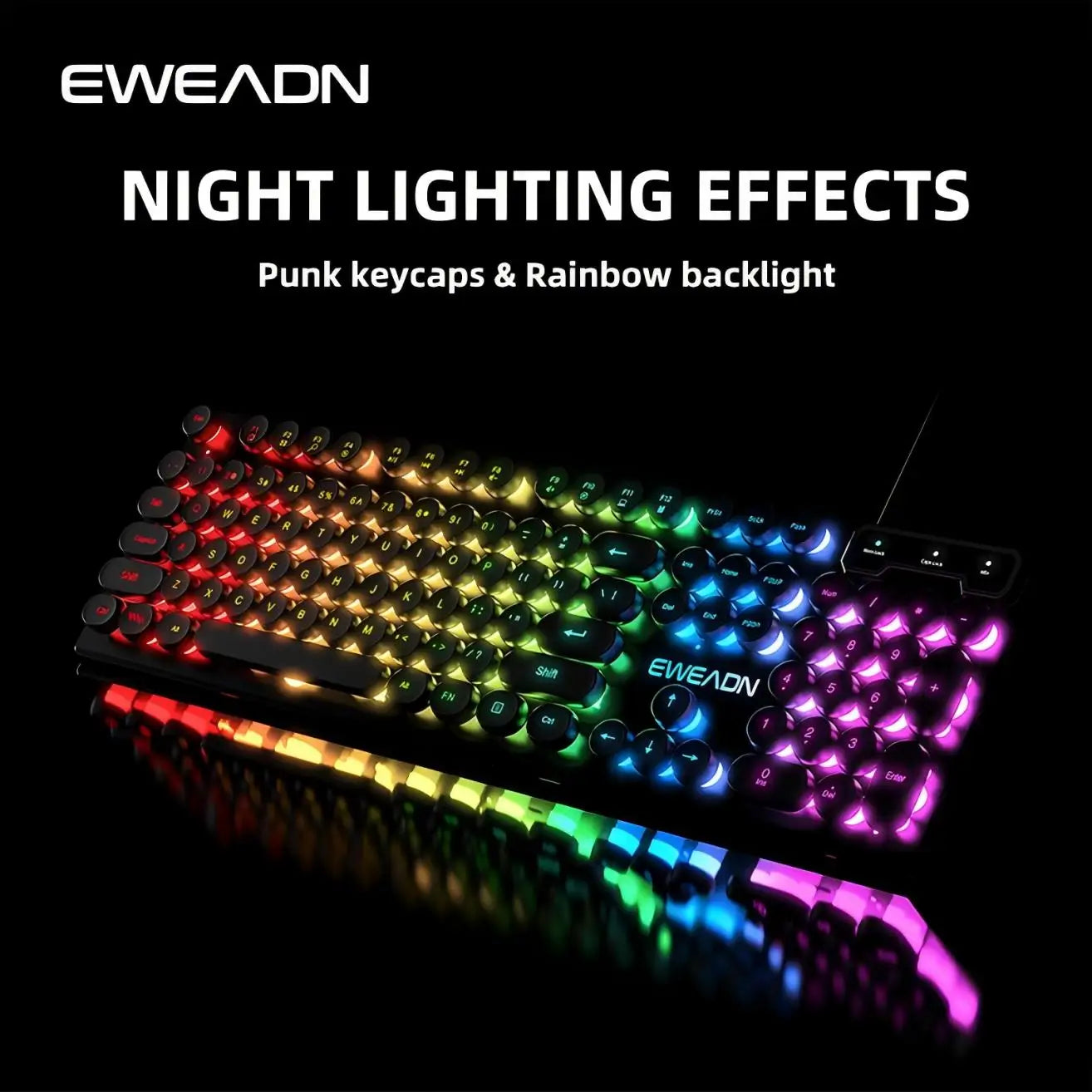 EWEADN GX330 Typewriter Gaming Keyboard, 104 Keys Wired Retro Punk Round Keycaps, with RGB Backlit, for Windows Laptop PC black, more lights for your pro setup !!