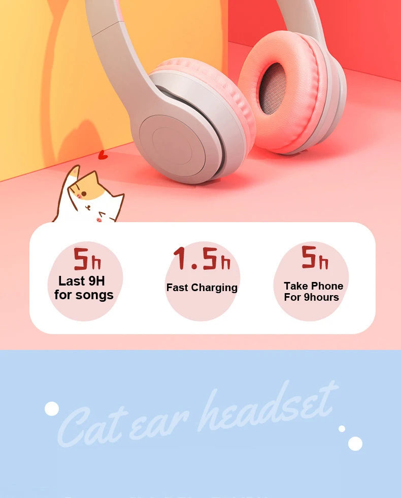 Cute Cat Ear Headphone Flash Light with Mic Control LED Stereo Music Helmet Phone Wireless Bluetooth Headset Holidays Gift