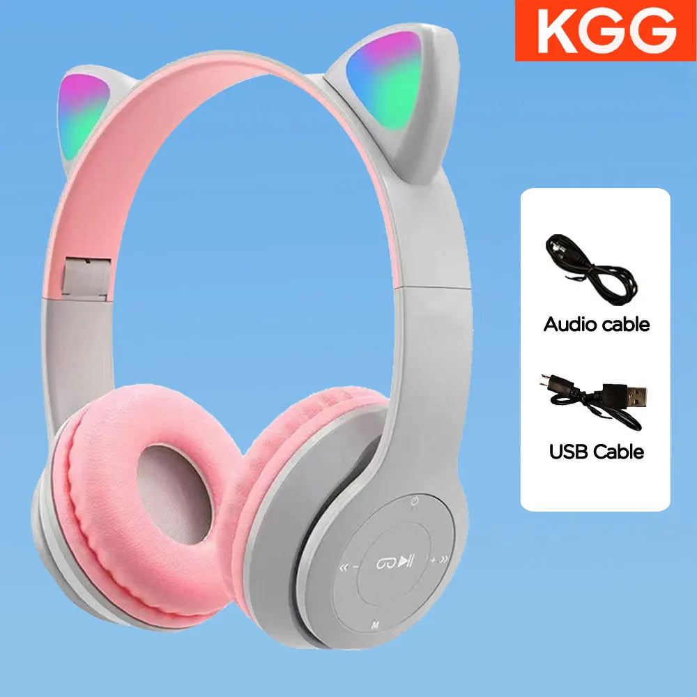 Cute Cat Ear Headphone Flash Light with Mic Control LED Stereo Music Helmet Phone Wireless Bluetooth Headset Holidays Gift