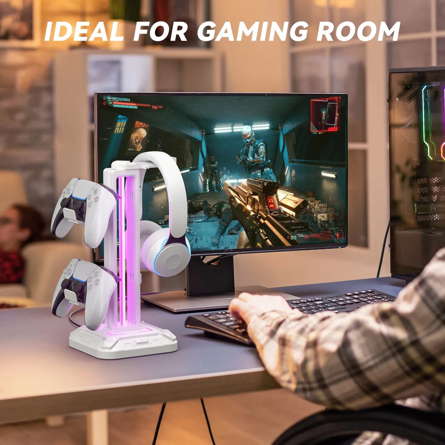 Controller Stand with 9 Light Modes Headset Holder for Desk Rotatable Headphone Stand Detachable Controller Hook