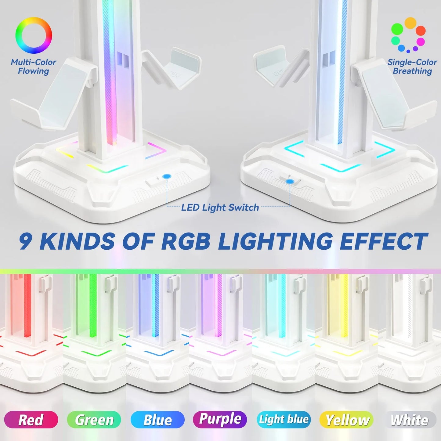 Controller Stand with 9 Light Modes Headset Holder for Desk Rotatable Headphone Stand Detachable Controller Hook