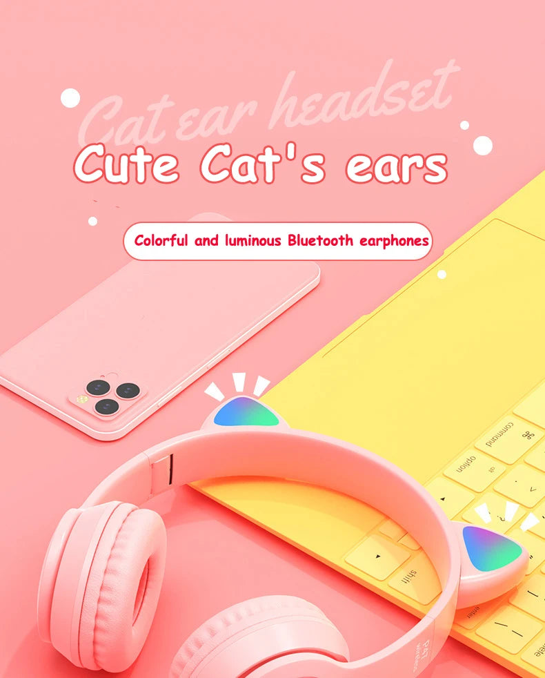 Cute Cat Ear Headphone Flash Light with Mic Control LED Stereo Music Helmet Phone Wireless Bluetooth Headset Holidays Gift