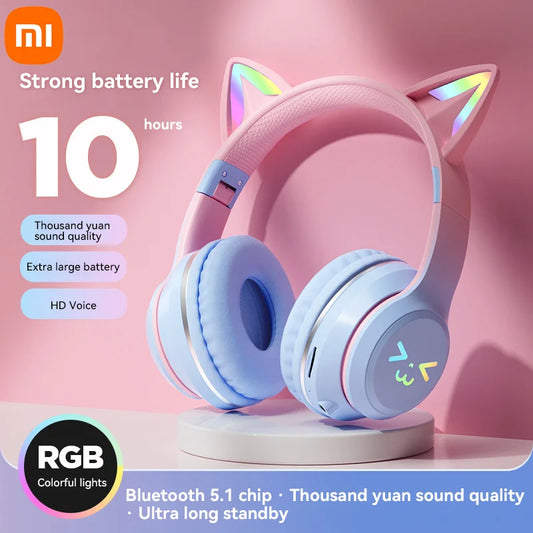 Wireless Headphones RGB Cute Cat Ear Bluetooth Headsets with Microphone Stereo Music Game Headphone Girls Kids Gifts ﻿
