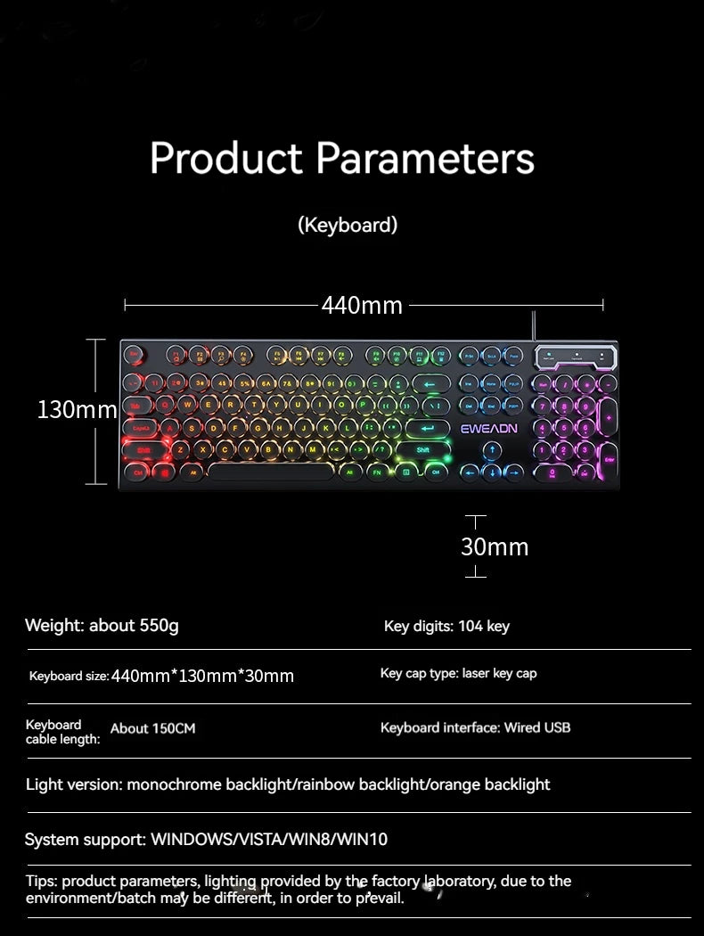 EWEADN GX330 Typewriter Gaming Keyboard, 104 Keys Wired Retro Punk Round Keycaps, with RGB Backlit, for Windows Laptop PC black, more lights for your pro setup !!
