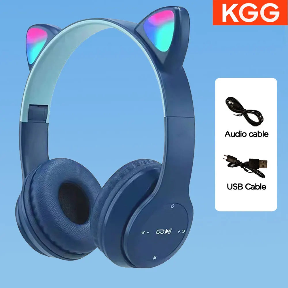 Cute Cat Ear Headphone Flash Light with Mic Control LED Stereo Music Helmet Phone Wireless Bluetooth Headset Holidays Gift