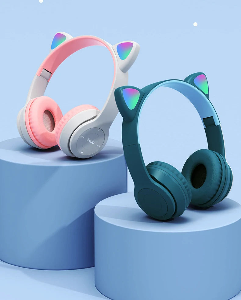 Cute Cat Ear Headphone Flash Light with Mic Control LED Stereo Music Helmet Phone Wireless Bluetooth Headset Holidays Gift