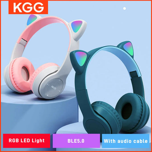 Cute Cat Ear Headphone Flash Light with Mic Control LED Stereo Music Helmet Phone Wireless Bluetooth Headset Holidays Gift