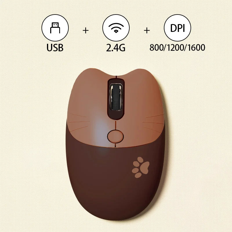 Cute Cat 2.4G Wireless Mouse, USB Receiver Plug and Play, 3 Adjustable DPI, Compatible with Laptop,PC, Computer