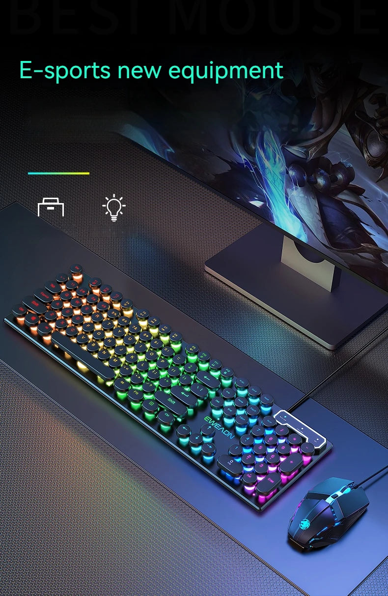 EWEADN GX330 Typewriter Gaming Keyboard, 104 Keys Wired Retro Punk Round Keycaps, with RGB Backlit, for Windows Laptop PC black, more lights for your pro setup !!