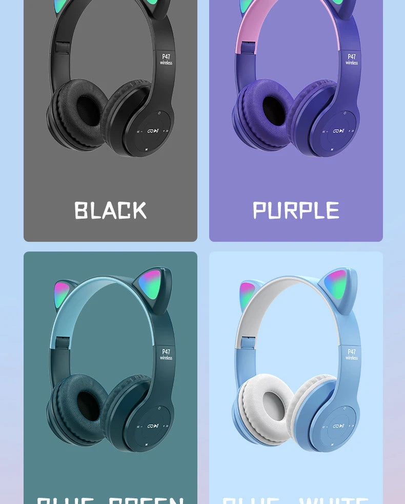 Cute Cat Ear Headphone Flash Light with Mic Control LED Stereo Music Helmet Phone Wireless Bluetooth Headset Holidays Gift