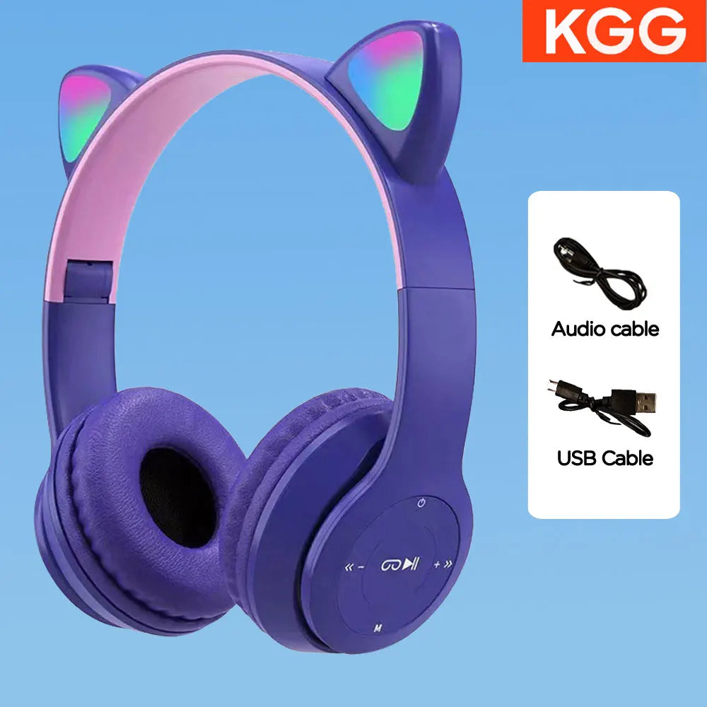 Cute Cat Ear Headphone Flash Light with Mic Control LED Stereo Music Helmet Phone Wireless Bluetooth Headset Holidays Gift