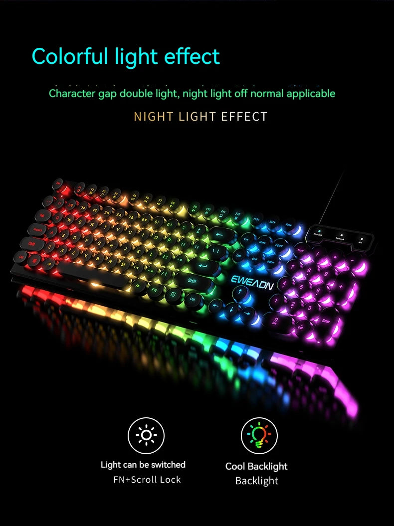 EWEADN GX330 Typewriter Gaming Keyboard, 104 Keys Wired Retro Punk Round Keycaps, with RGB Backlit, for Windows Laptop PC black, more lights for your pro setup !!