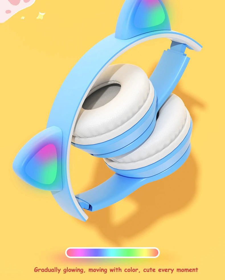 Cute Cat Ear Headphone Flash Light with Mic Control LED Stereo Music Helmet Phone Wireless Bluetooth Headset Holidays Gift